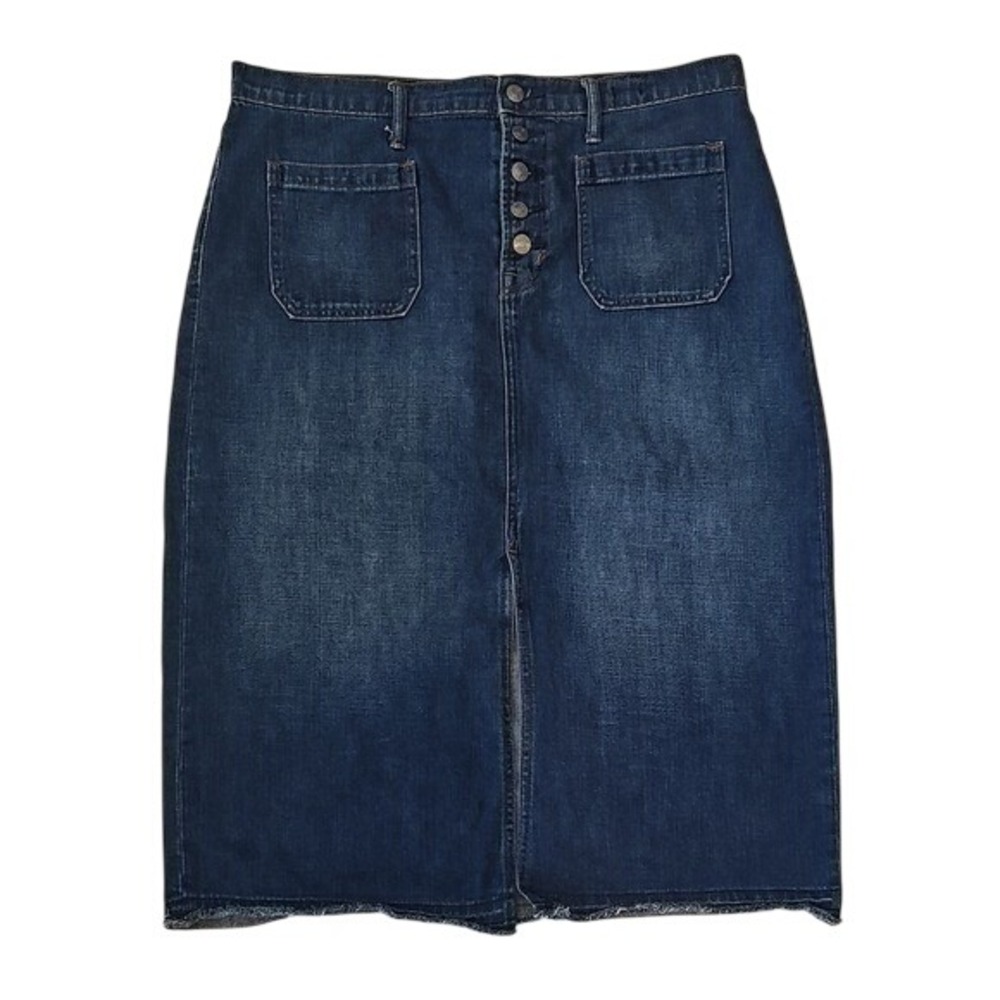 Gap Denim Womens Blue High Waisted Button Front Midi Skirt Raw Hem Size 33